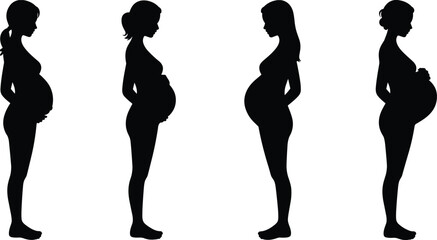 Silhouette illustration of pregnant women in side view, expecting mothers in different poses, maternity concept artwork for pregnancy, healthcare, family design