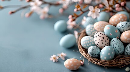 Close-up of a nest filled with decorated Easter eggs, with soft blossoms and a blue background, creating a festive and spring-like atmosphere.