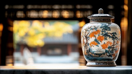 A detailed shot of a decorative ceramic jar with a floral design, set against the backdrop of a traditional Chinese building, creating a serene and artistic com