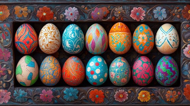A collection of vibrantly decorated Easter eggs arranged within a decorative, floral-carved frame. The eggs feature intricate patterns and colors.