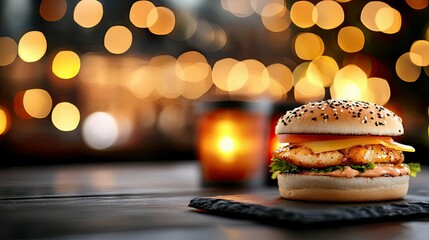 Close-up of a gourmet burger with cheese, tomato, and lettuce, served on a slate plate in a restaurant setting. Warm bokeh lights in the background.