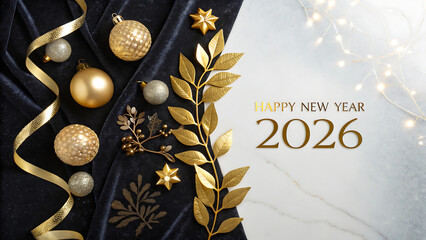 Happy new year 2026 elegant holiday greeting with luxurious gold and silver ornaments, decorative leaves, ribbon, and sparkling lights.