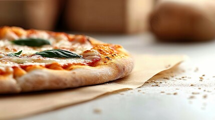 Close-up shot of a freshly baked pizza with basil leaves on parchment paper, with a blurred background. The pizza has melted cheese and tomato sauce. Natural li