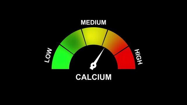 Calcium Meter Showing Medium Level With Green Yellow Orange and Red Zones gauge measurement. 4K motion animation on a transparent background alpha channel.