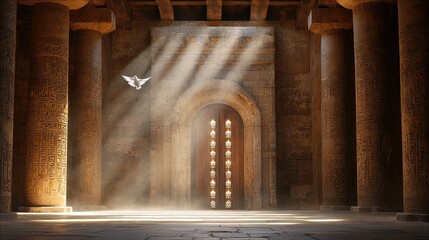 A white dove flies through a beam of light in an ancient temple. The interior features large columns, stone walls, and a wooden door.