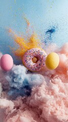 A pink donut with colorful sprinkles and two spherical objects with a cloud of colorful powder explosion against a blue background.