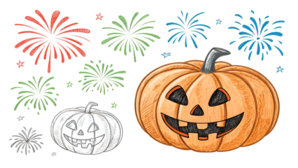 Traditional hand-drawn Halloween jack-o-lantern with a spooky carved face and colorful celebration fireworks isolated on transparent background