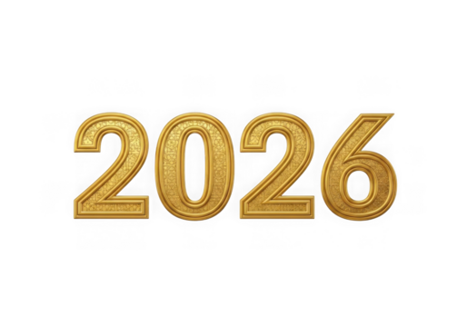 Golden 2026 year number isolated on transparent background