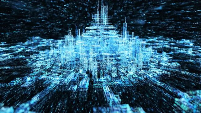 Seamless loop of millions of microscopic glowing particles rapidly flowing and condensing into a densely packed futuristic digital data network digital, condensing, conceptual