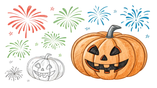Traditional hand-drawn Halloween jack-o-lantern with a spooky carved face and colorful celebration fireworks isolated on transparent background