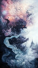 An artistic depiction of a dragon emerging from swirling clouds in a fantasy landscape. The artwork features dramatic lighting and a sense of mystery.