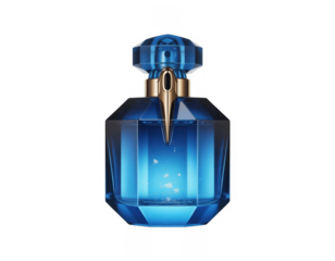 Blue faceted glass perfume bottle with gold accent and shimmering particles isolated on a transparent background