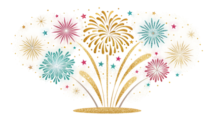 Vibrant celebration fireworks display with glittering gold effects and bursts of color isolated on transparent background