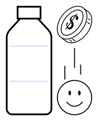Money and happiness concept. A bottle, a happy face, and a dollar coin financial well-being and joy. Money and happiness interconnected in business, health, lifestyle, finance, education