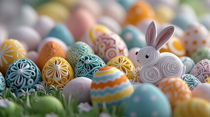 A white Easter bunny sits among a collection of colorful, decorated Easter eggs, creating a festive and cheerful scene.