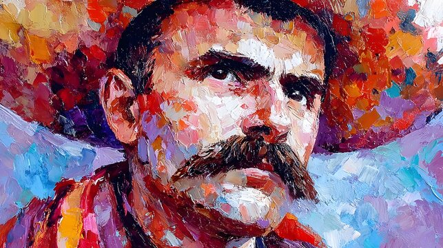 Traditional painting style: low-angle portrait of Emiliano Zapata with dramatic sky and sunburst, blank sky region for quote