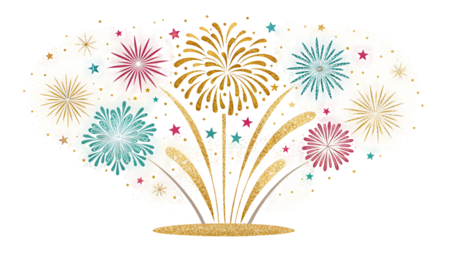 Vibrant celebration fireworks display with glittering gold effects and bursts of color isolated on transparent background - Powered by Adobe