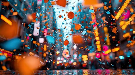 Colorful confetti falling in a blurred city street at night, with bokeh lights in the background.