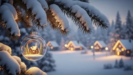 A christmas ornament hanging on a snow covered branch with a winter village in the background christams photos