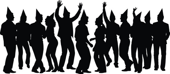 Party Silhouettes Group of People Wearing Conical Hats Celebrating New Year or Birthday Event Black Vector Illustration