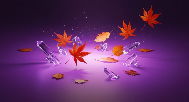 Floating Autumn Leaves and Prismatic Crystals on a Vibrant Purple Glow with Ethereal Sparkles