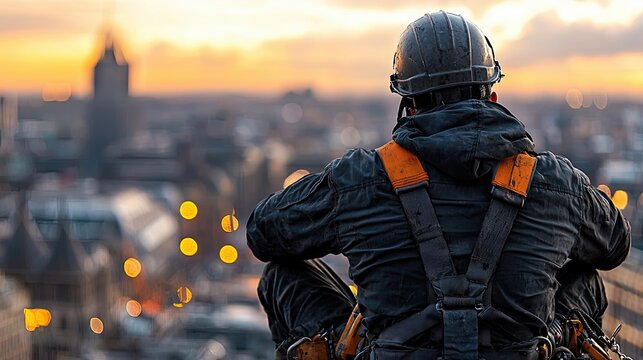 A construction worker wearing a helmet and safety harness sits and looks out over a city at sunset. The background is blurred with city lights. - Powered by Adobe