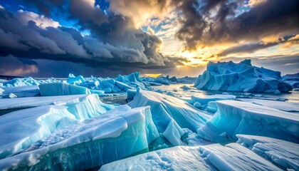Jagged icebergs float in icy water under a dramatic sky with golden sun rays breaking through clouds