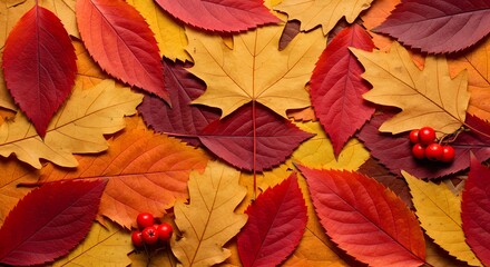 A Vibrant Tapestry of Autumn: Crimson and Gold Leaves with Bright Red Berries