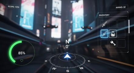 Futuristic heads up display elements overlay a view of a densely built, illuminated urban environment