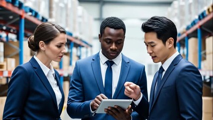 Three diverse business professionals in blue suits reviewing data on a tablet inside a modern warehouse with tall shelving units - Powered by Adobe
