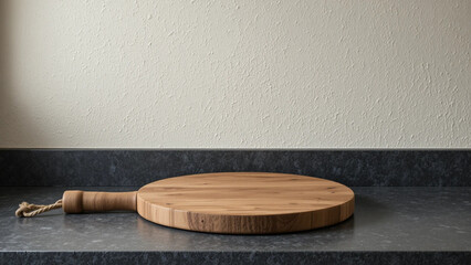 Round wooden cutting board with handle and rope loop on dark surface minimalist kitchen scene with natural texture and soft lighting.