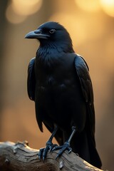 Naklejka premium Majestic Raven Perched on Branch in Golden Light.