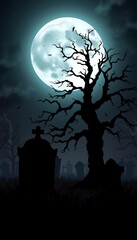 Graveyard silhouettes with tombstones and a spooky tree under a menacing full moon for Halloween,  creepy,  tombstones