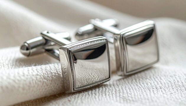 Close up of two polished silver square cufflinks with engraved edges resting on a white textured fabric