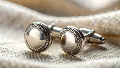Ornate silver cufflinks with textured border reflected light on smooth surface