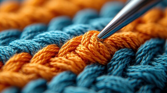 Close-up of a crochet hook stitching colorful blue and orange yarn, showcasing the craft and texture.