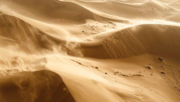Golden sand dunes shaped by wind with dust clouds swirling 79 characters