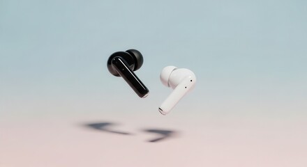 Two individual wireless audio devices float against a soft gradient background