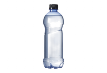 Blue plastic water bottle with black ink smudges and liquid inside isolated on a transparent background
