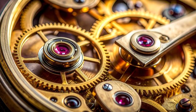 Close up of intricate golden watch gears with ruby jewels mechanical precision