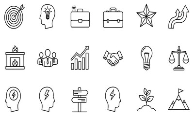 Set of Business Strategy and Success Line Icons - Ideas, Growth, Teamwork, and Achievement Outline Symbols for Corporate Concepts