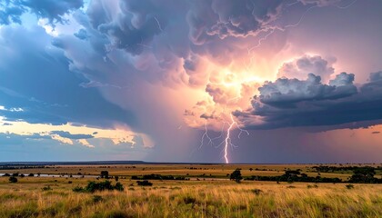 A dramatic lightning strike illuminates a stormy sky above a vast African savanna landscape