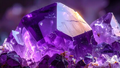 Close up macro view of sparkling purple amethyst crystal clusters with fractured facets