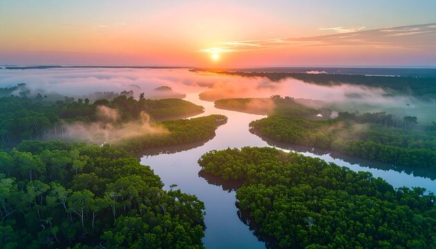 Serene sunrise over a winding river through lush green mangrove forests with morning mist