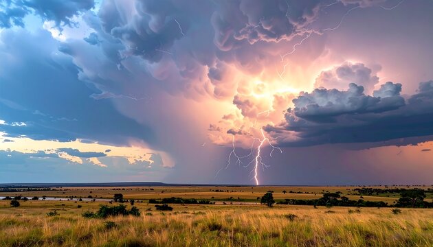 A dramatic lightning strike illuminates a stormy sky above a vast African savanna landscape