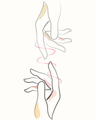 couple hands with red rope wrapped around  one line drawing. couple hands with red rope wrapped around  single line illustration. couple hands with red rope wrapped around  minimalist line art