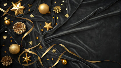 Elegant golden christmas and new year decorations with sparkling ribbon, stars, ornaments, and confetti on luxurious draped velvet fabric.