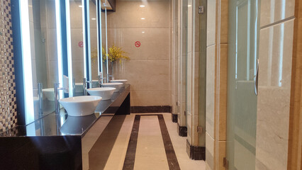 Contemporary interior of public toilet, modern and clean public toilet sink area equipped with large mirror
