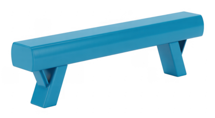 Bright blue gymnastics balance beam with angled supports isolated on a transparent background