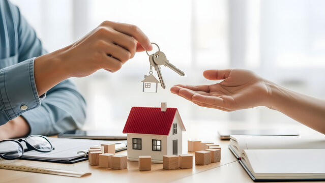Real estate agent handing over house keys to a new homeowner or tenant after a successful property transaction.
